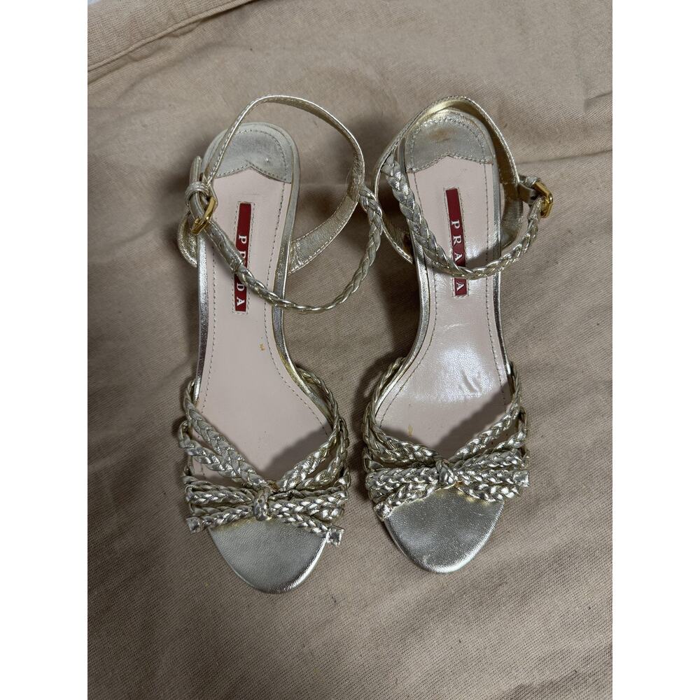 Prada Shoes Womens Size 6 Silver Wedge Sandals Braided Cork Ankle Strap 5V706